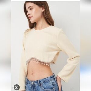 ZARA | Embellished Sweater Cropped Cream Rhinestones Sz M